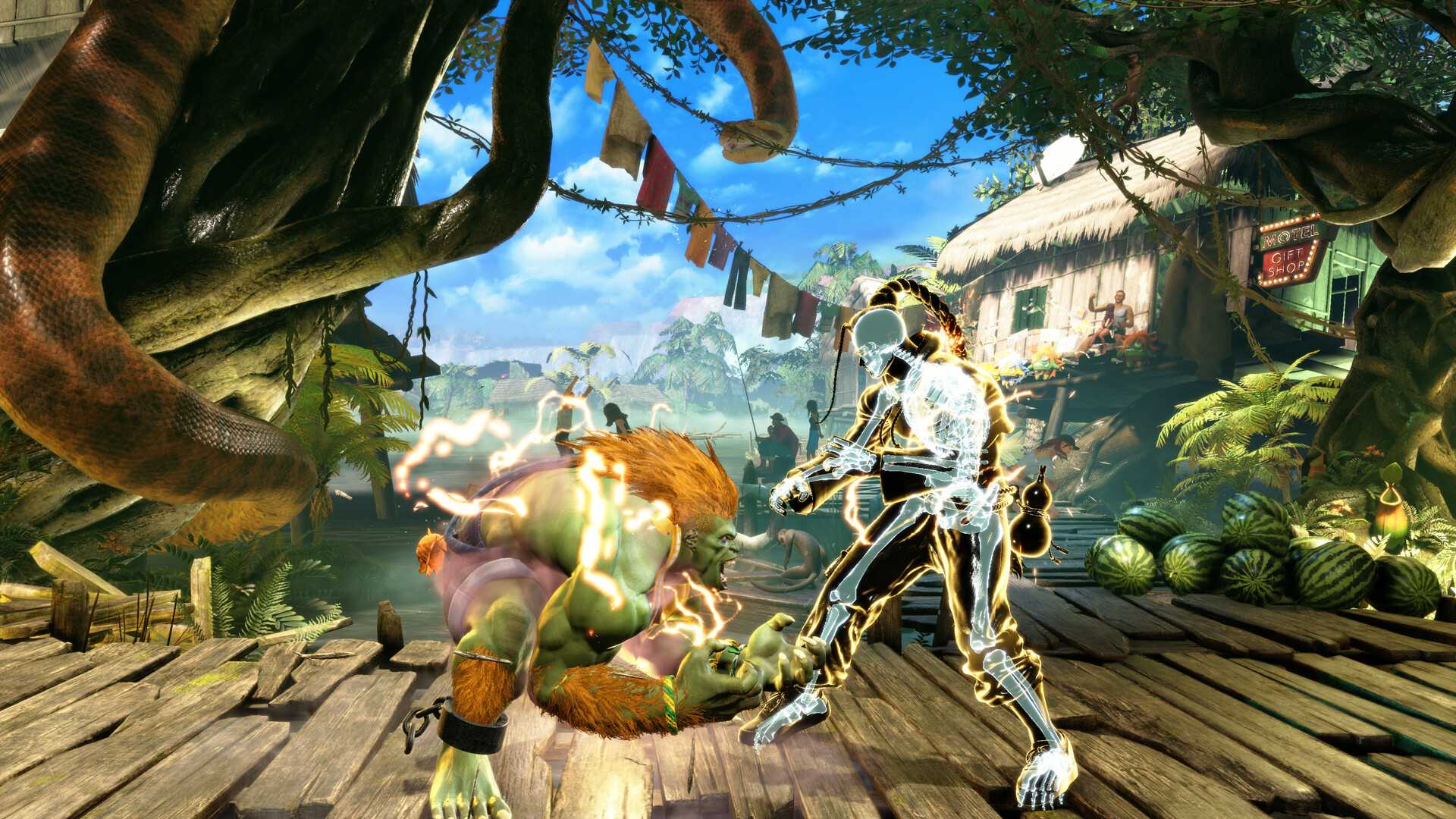 Screenshot from Street Fighter 6 video game of two people fighting in jungle setting