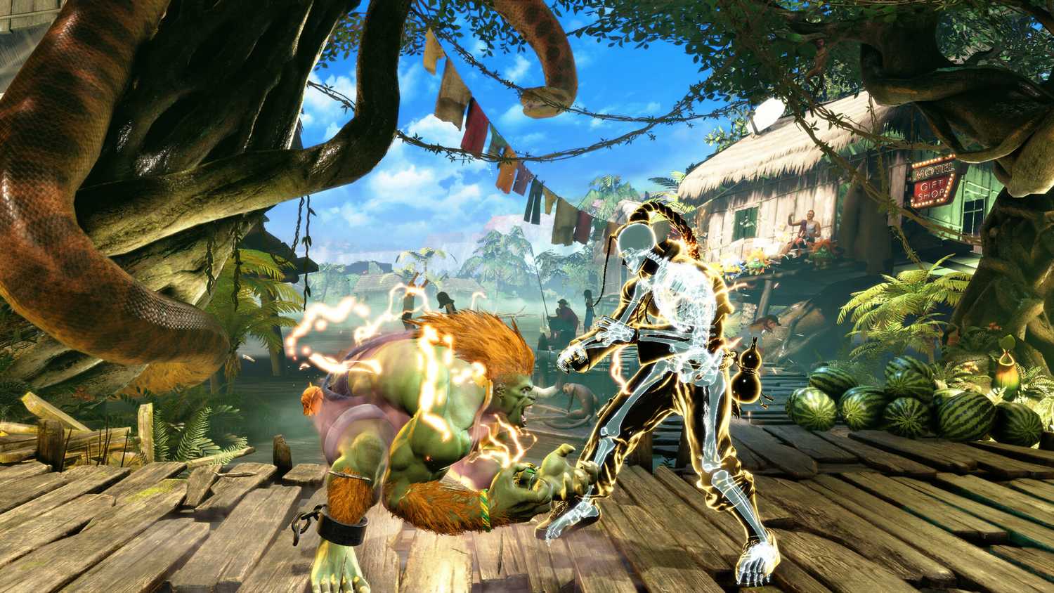 Screenshot from Street Fighter 6 video game of two people fighting in jungle setting
