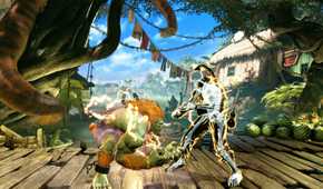 Screenshot from Street Fighter 6 video game of two people fighting in jungle setting