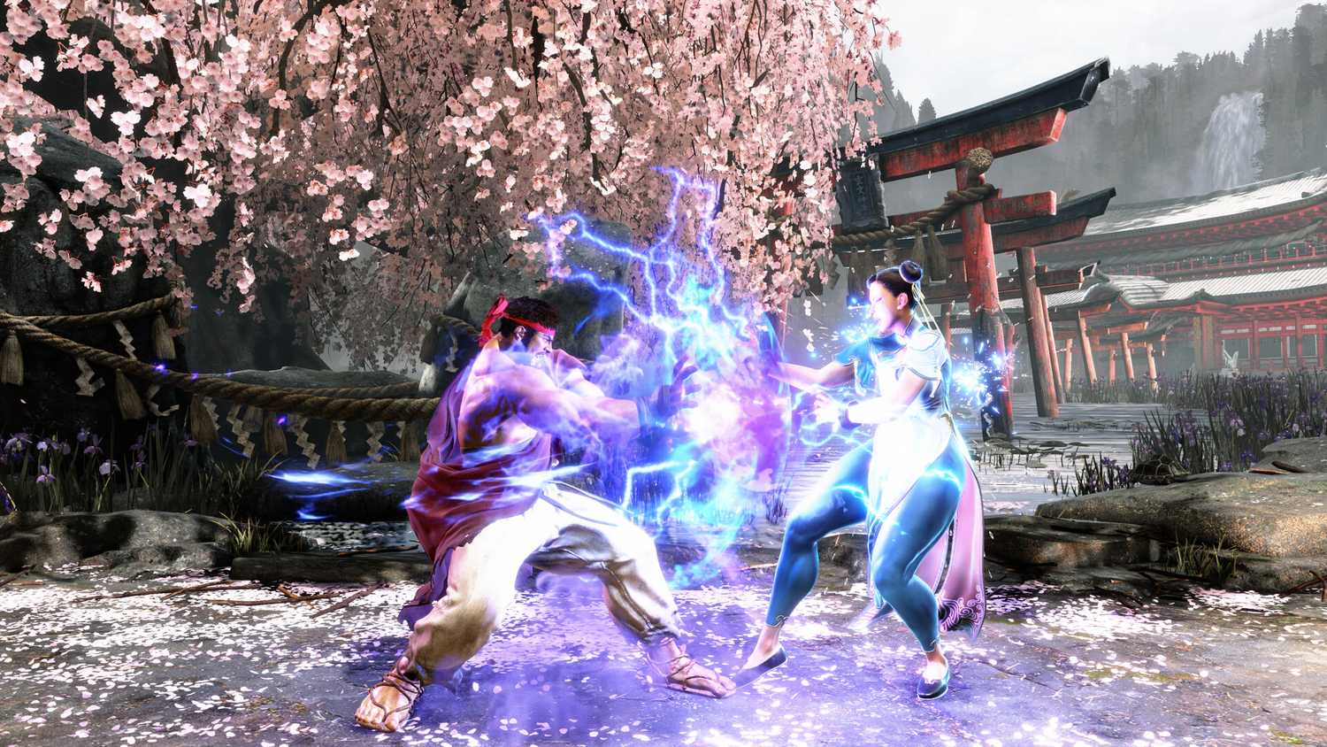 Screenshot from Street Fighter 6 video game of two people fighting with a burst of electricity between them
