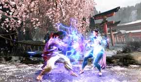 Screenshot from Street Fighter 6 video game of two people fighting with a burst of electricity between them