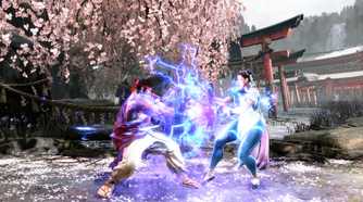 Screenshot from Street Fighter 6 video game of two people fighting with a burst of electricity between them