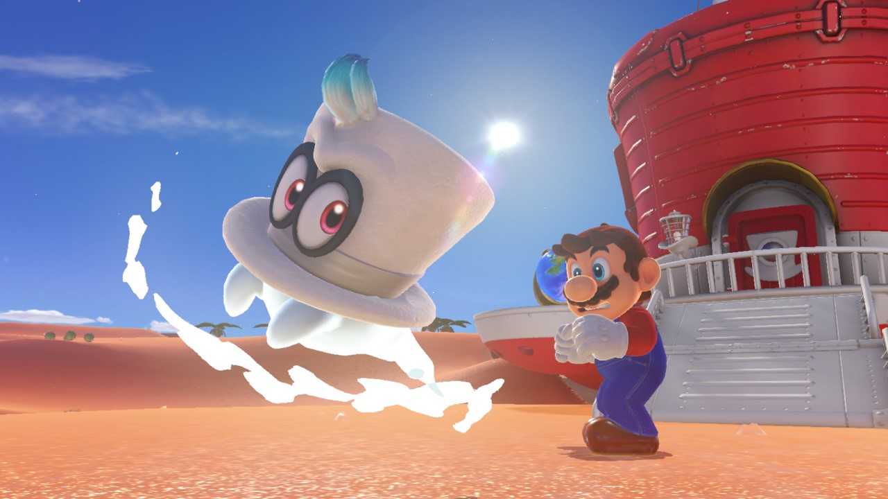 Screenshot from video game Super Mario Odyssey of Mario throwing and catching hat character Cappy