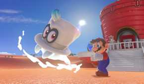 Screenshot from video game Super Mario Odyssey of Mario throwing and catching hat character Cappy