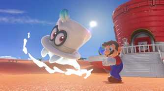 Screenshot from video game Super Mario Odyssey of Mario throwing and catching hat character Cappy
