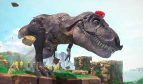 Screenshot from Super Mario Odyssey video game of Tyrannosaurus Rex with Mario hat and moustache