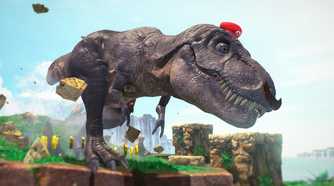 Screenshot from Super Mario Odyssey video game of Tyrannosaurus Rex with Mario hat and moustache