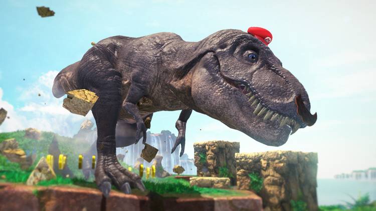 Screenshot from Super Mario Odyssey video game of Tyrannosaurus Rex with Mario hat and moustache