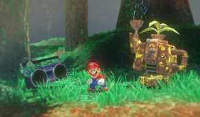 Screenshot from Super Mario Odyssey video game of Mario character dancing with robot and jukebox