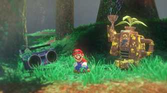 Screenshot from Super Mario Odyssey video game of Mario character dancing with robot and jukebox