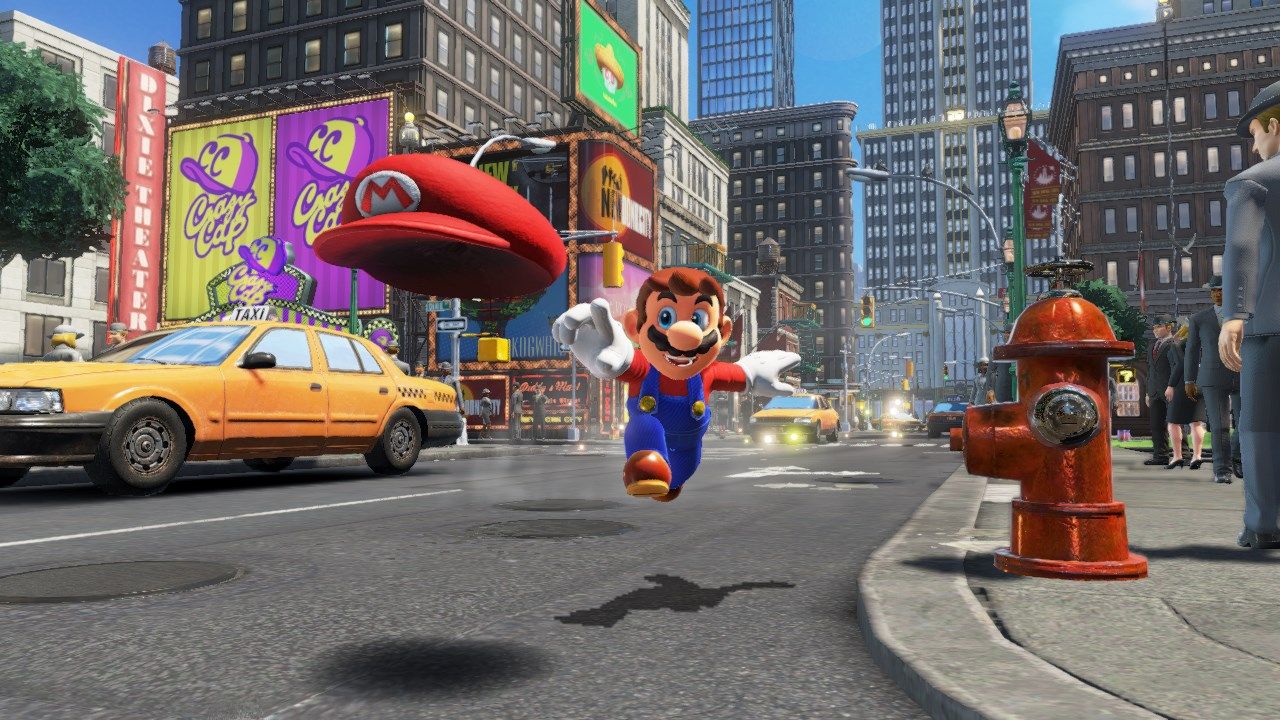 Screenshot from video game Super Mario Odyssey of Mario character throwing his hat on city street 