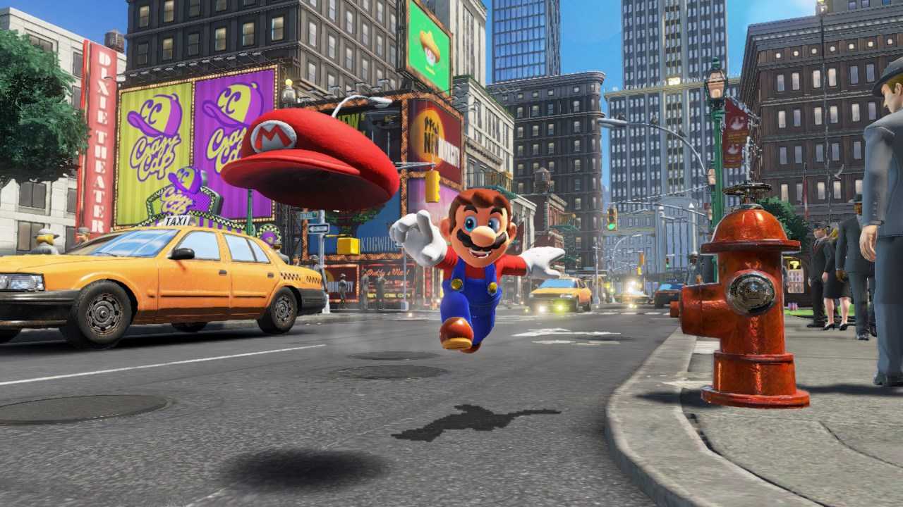 Screenshot from video game Super Mario Odyssey of Mario character throwing his hat on city street
