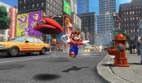 Screenshot from video game Super Mario Odyssey of Mario character throwing his hat on city street