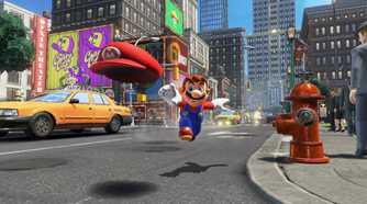 Screenshot from video game Super Mario Odyssey of Mario character throwing his hat on city street