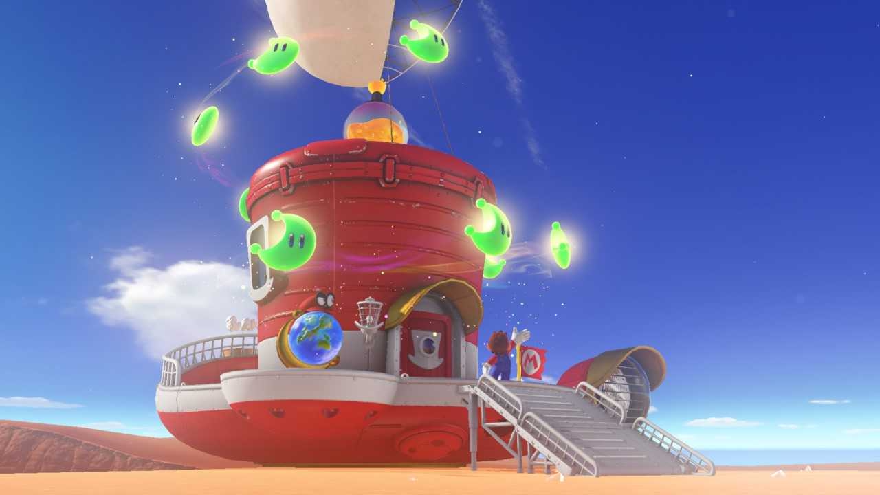 Screenshot from Super Mario Odyssey video game of aerial craft in the shape of a top hat with floating crescent moons around it