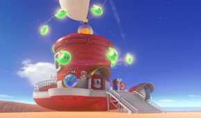 Screenshot from Super Mario Odyssey video game of aerial craft in the shape of a top hat with floating crescent moons around it