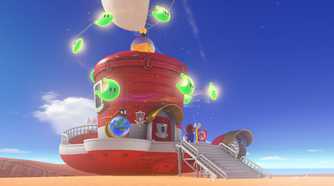 Screenshot from Super Mario Odyssey video game of aerial craft in the shape of a top hat with floating crescent moons around it