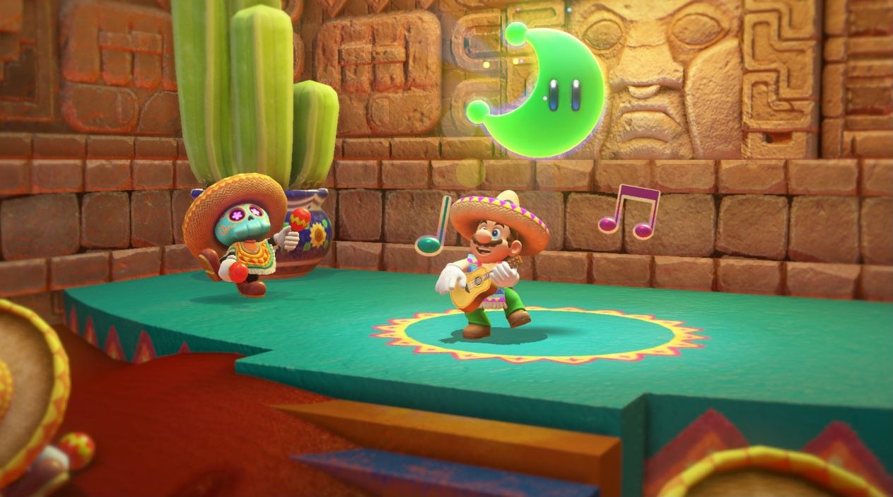 Screenshot from Super Mario Odyssey video game of Mario character playing guitar with poncho and green crescent moon above him