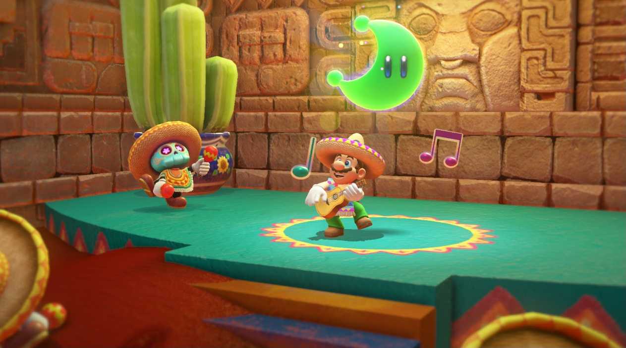 Screenshot from Super Mario Odyssey video game of Mario character playing guitar with poncho and green crescent moon above him