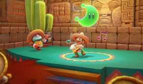 Screenshot from Super Mario Odyssey video game of Mario character playing guitar with poncho and green crescent moon above him