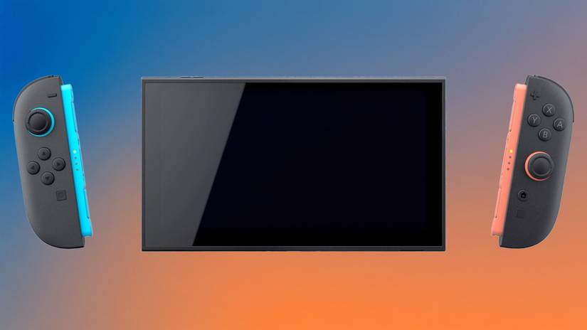 A Nintendo Switch 2 with the controllers removed with a blue and orange background
