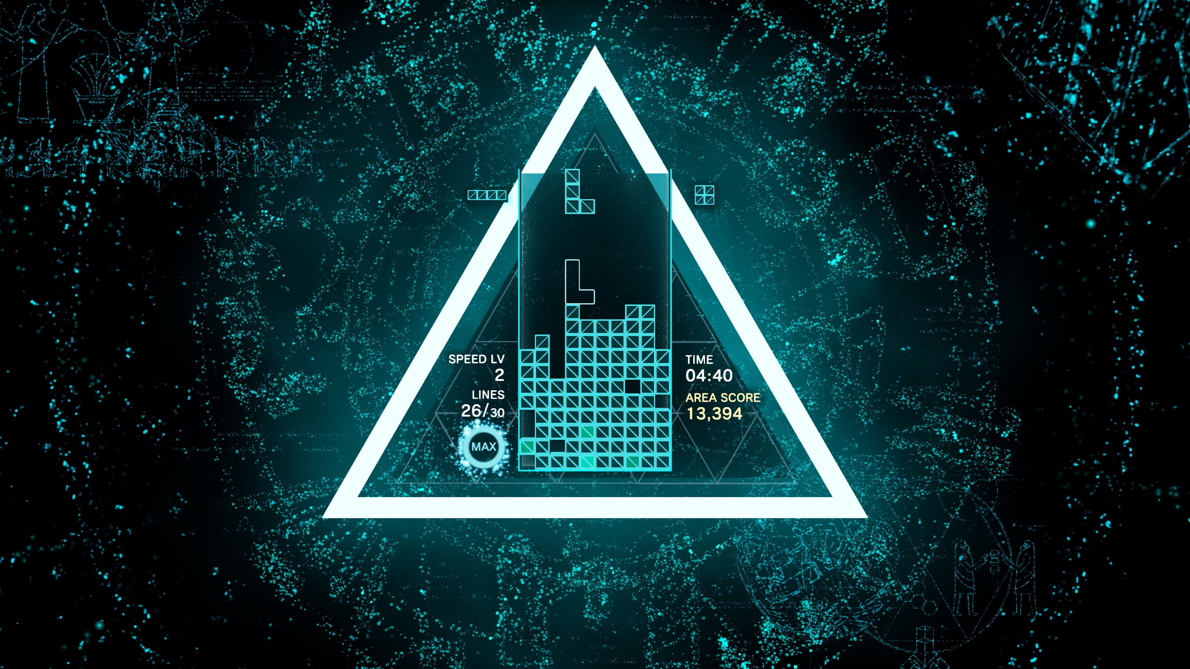 Screenshot from Tetris Effect video game of Tetris board in blue triangle