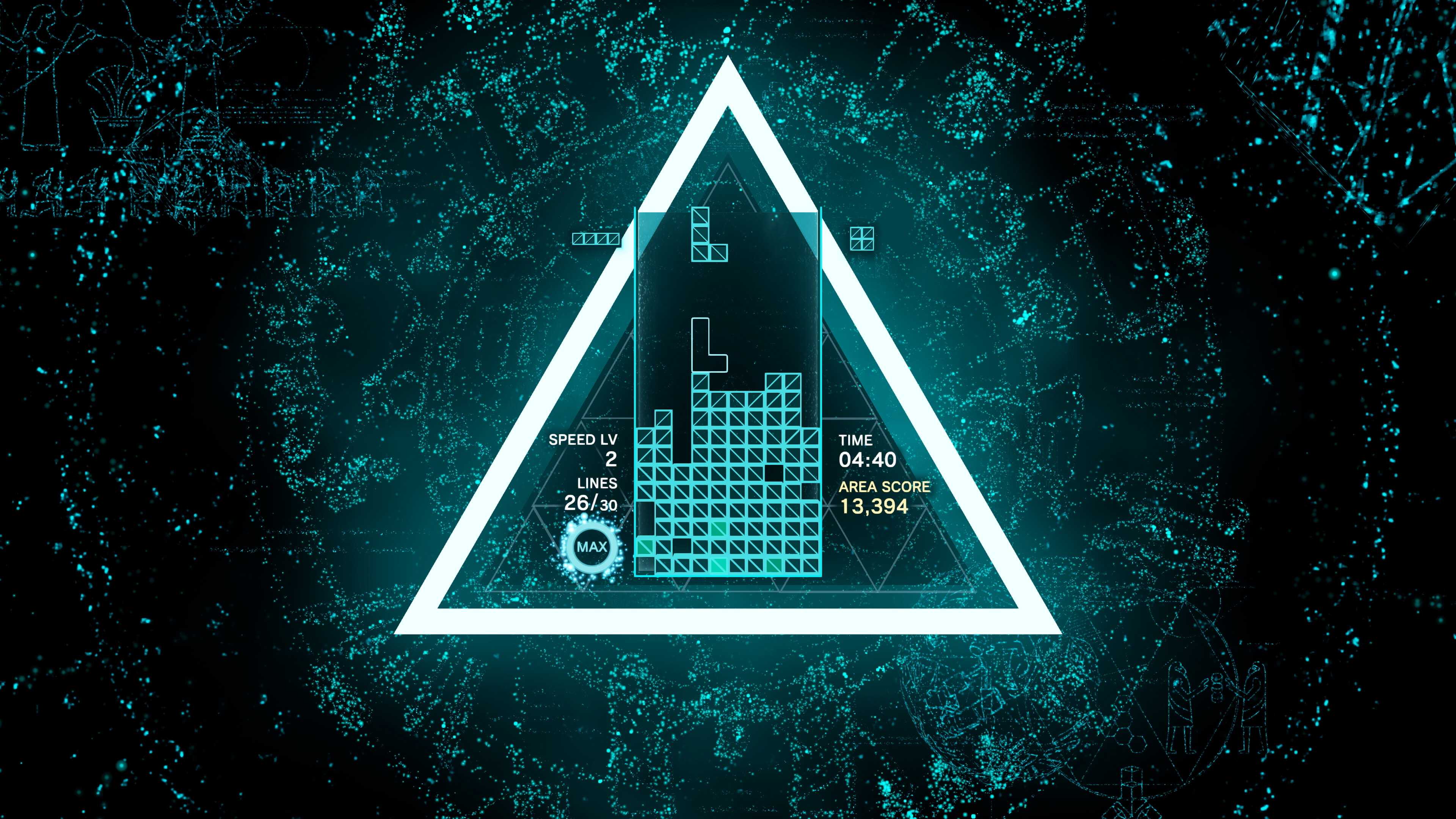 Screenshot from Tetris Effect video game of Tetris board in blue triangle