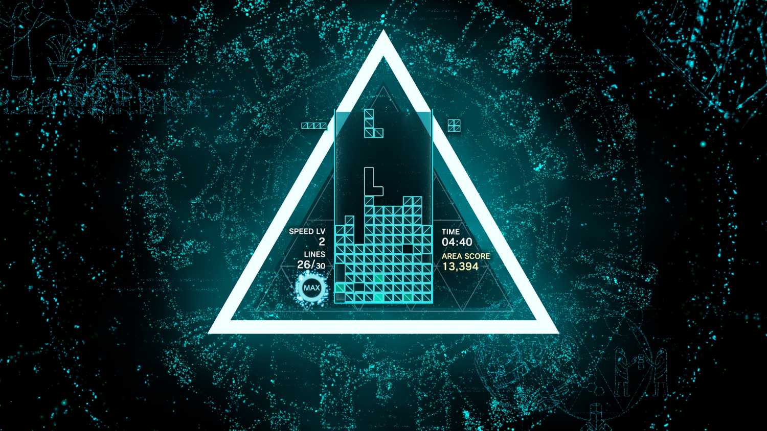 Screenshot from Tetris Effect video game of Tetris board in blue triangle