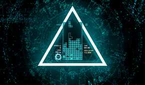 Screenshot from Tetris Effect video game of Tetris board in blue triangle