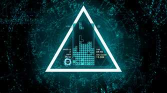 Screenshot from Tetris Effect video game of Tetris board in blue triangle