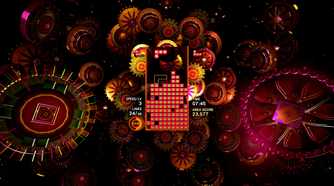 Screenshot from Tetris Effect video game of Tetris board surrounded by brightly coloured rings