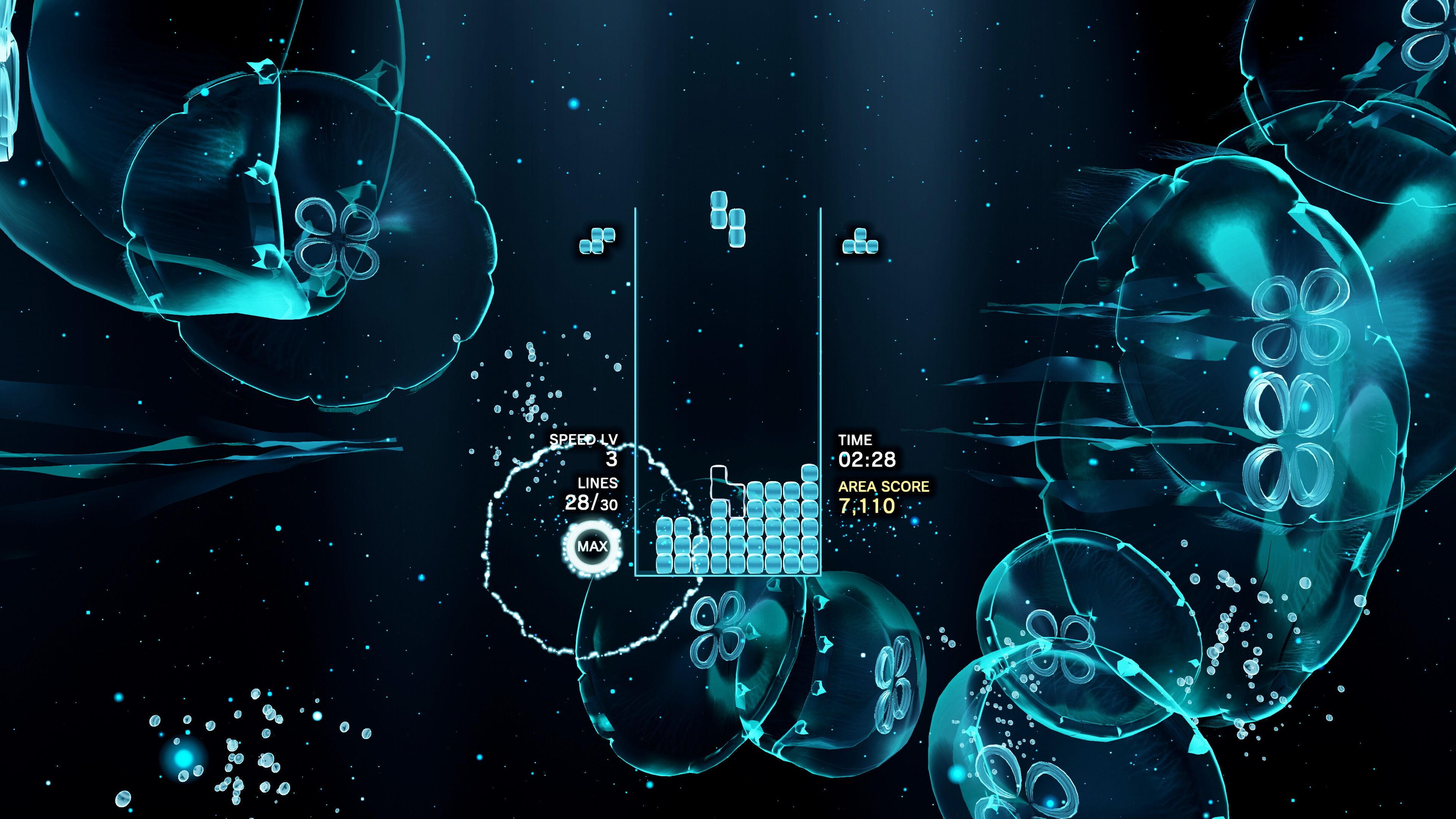 Screenshot from Tetris Effect video game of Tetris board in underwater scene