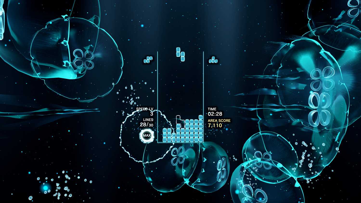 Screenshot from Tetris Effect video game of Tetris board in underwater scene