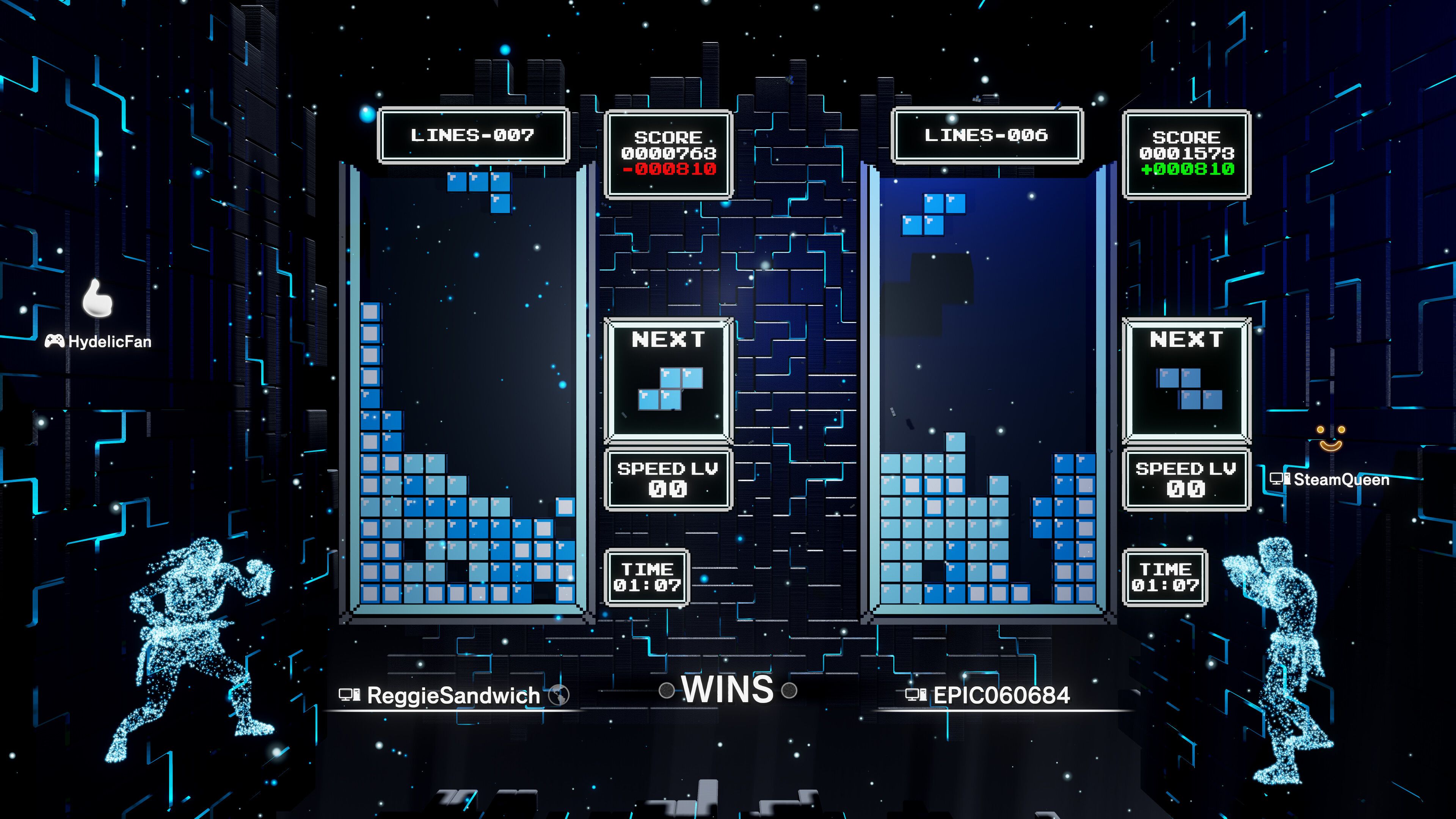 Screenshot from Tetris Effect video game of two competing Tetris boards