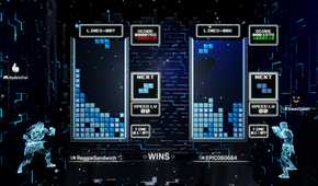 Screenshot from Tetris Effect video game of two competing Tetris boards