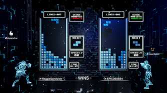 Screenshot from Tetris Effect video game of two competing Tetris boards
