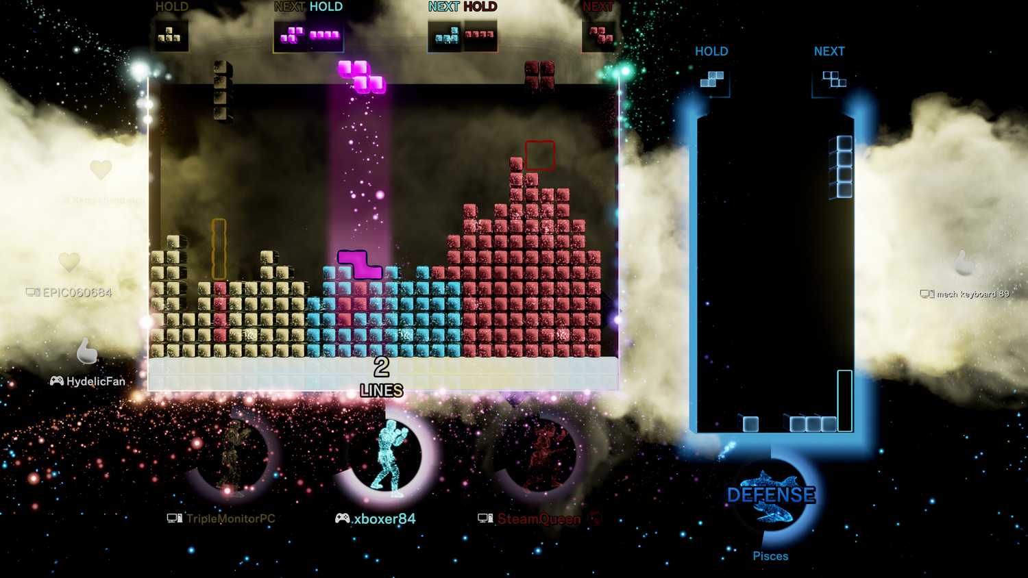 Screenshot from Tetris Effect video game of one large Tetris board and on smaller Tetris board