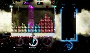 Screenshot from Tetris Effect video game of one large Tetris board and on smaller Tetris board
