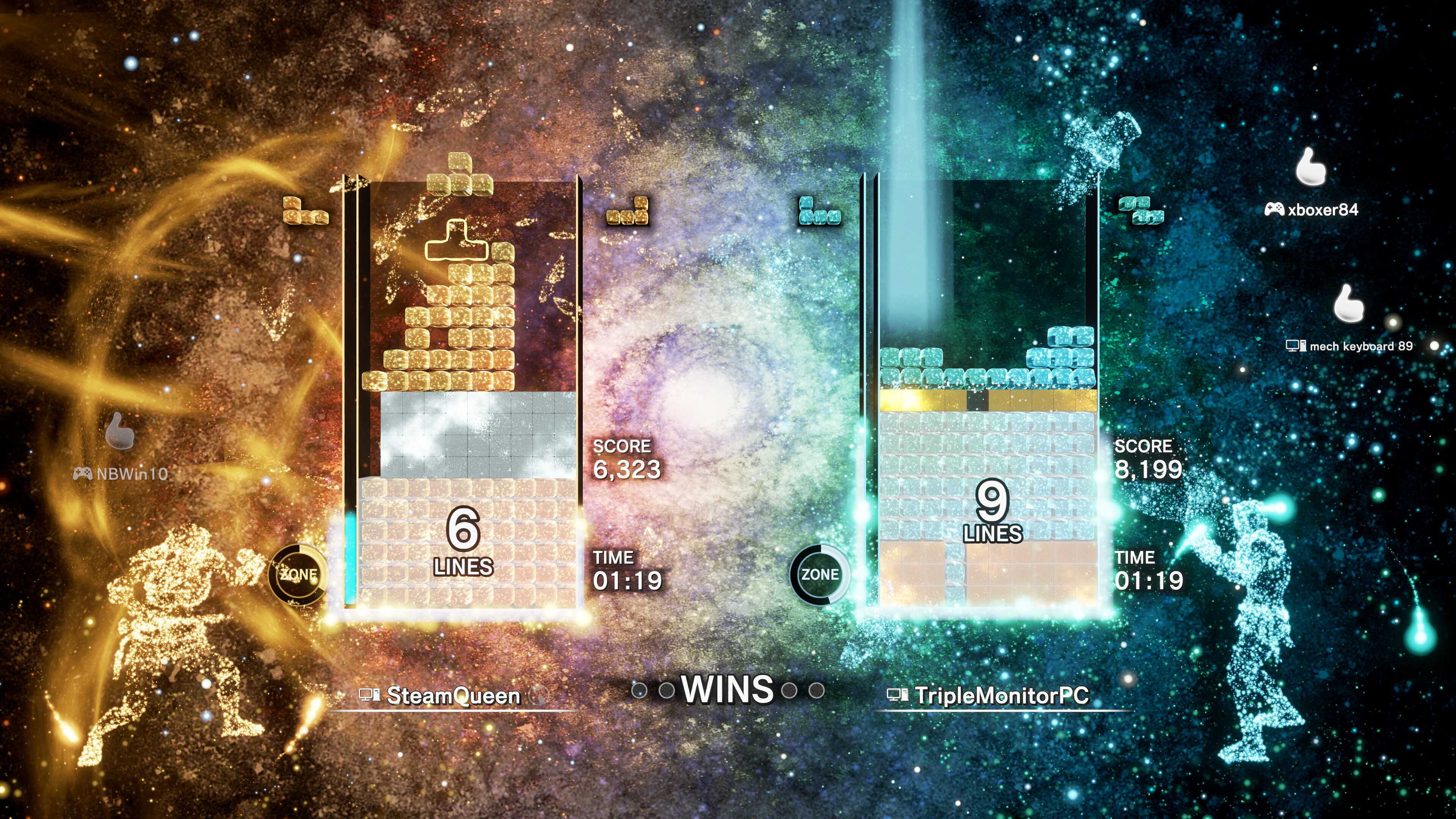 Screenshot from Tetris Effect video game of two competing Tetris boards