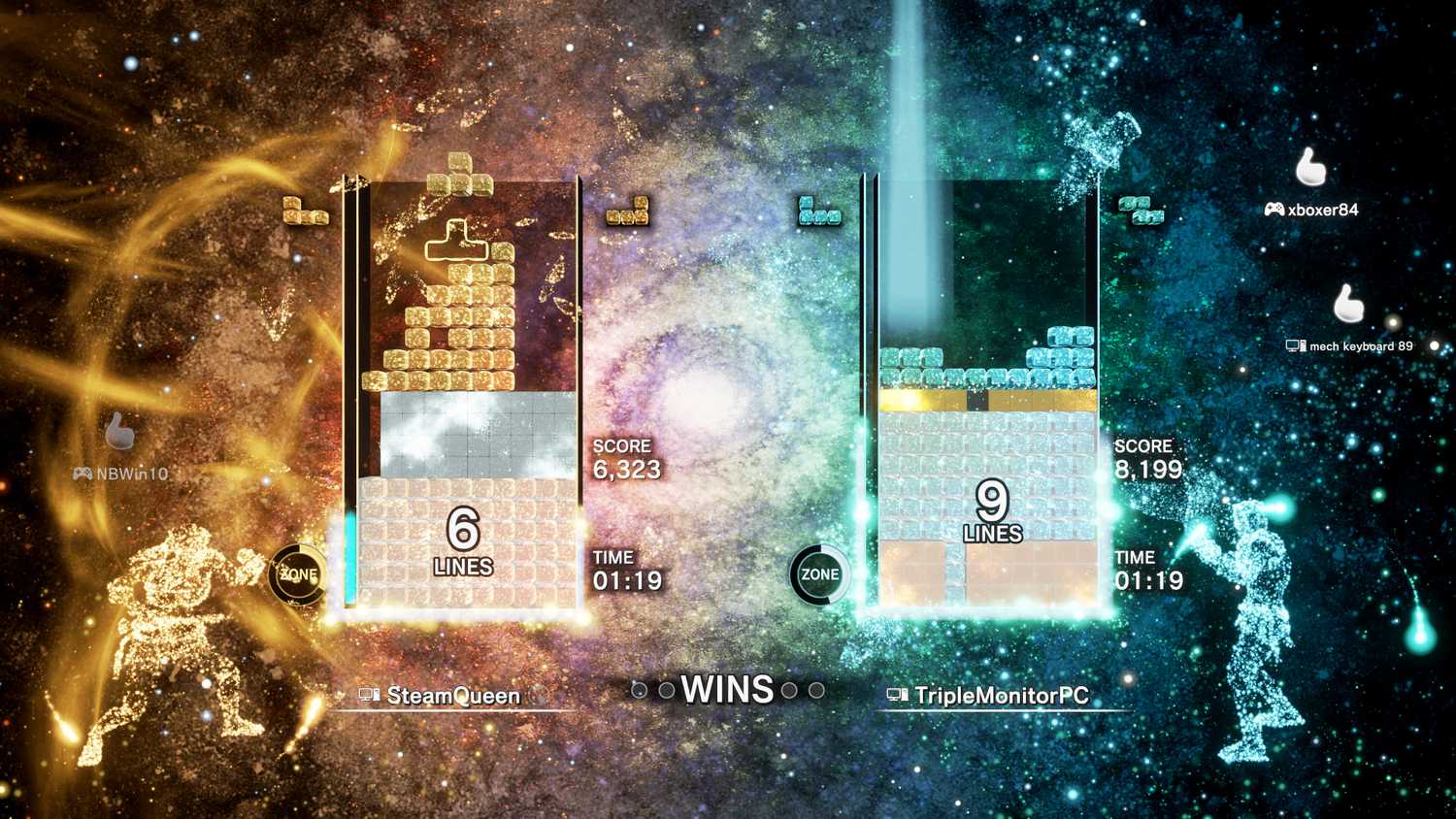 Screenshot from Tetris Effect video game of two competing Tetris boards