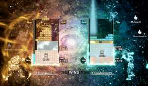 Screenshot from Tetris Effect video game of two competing Tetris boards