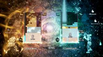 Screenshot from Tetris Effect video game of two competing Tetris boards