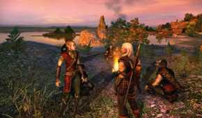 Screenshot from the video game The Witcher, showing Geralt speaking to someone near a fire
