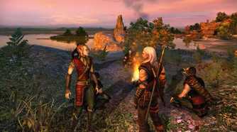 Screenshot from the video game The Witcher, showing Geralt speaking to someone near a fire