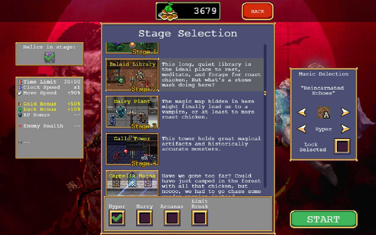 Stage selection screen in Vampire Survivors.
