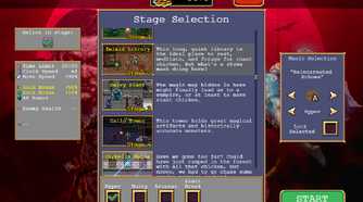Stage selection screen in Vampire Survivors.