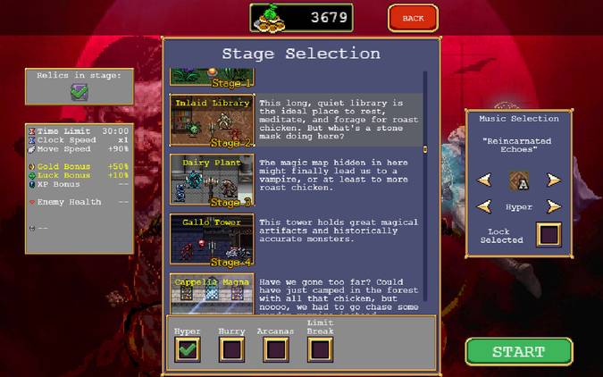 Stage selection screen in Vampire Survivors.