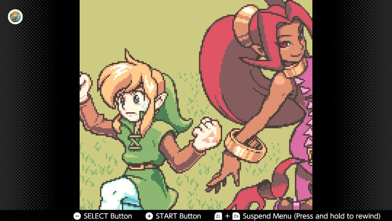 Screenshot of The Legend of Zelda Oracle of Seasons for the Game Boy played with the Game Boy Color filter on Nintendo Switch online