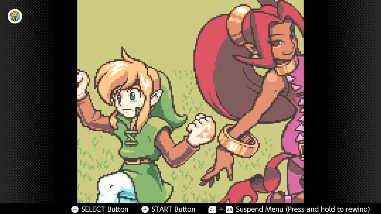 Screenshot of The Legend of Zelda Oracle of Seasons for the Game Boy played with the Game Boy Color filter on Nintendo Switch online