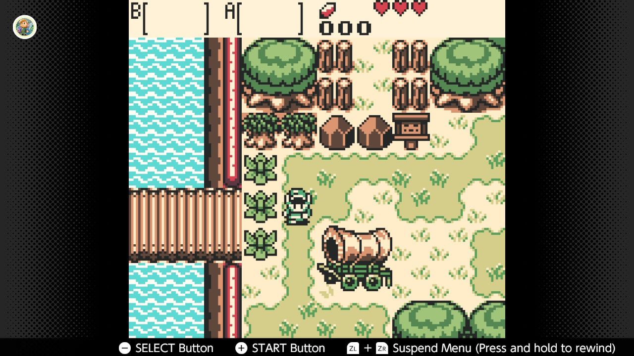 Screenshot of The Legend of Zelda Oracle of Seasons for the Game Boy played with the Game Boy Color filter on Nintendo Switch online